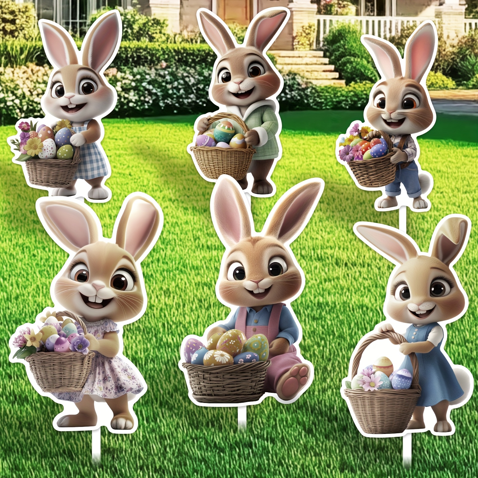 

6pcs Easter Outdoor Lawn Yard Sign Rabbit 2d Plastic Sign Holiday Party Decorations And Supplies Spring Applicable Road, Garden, Yard Sign