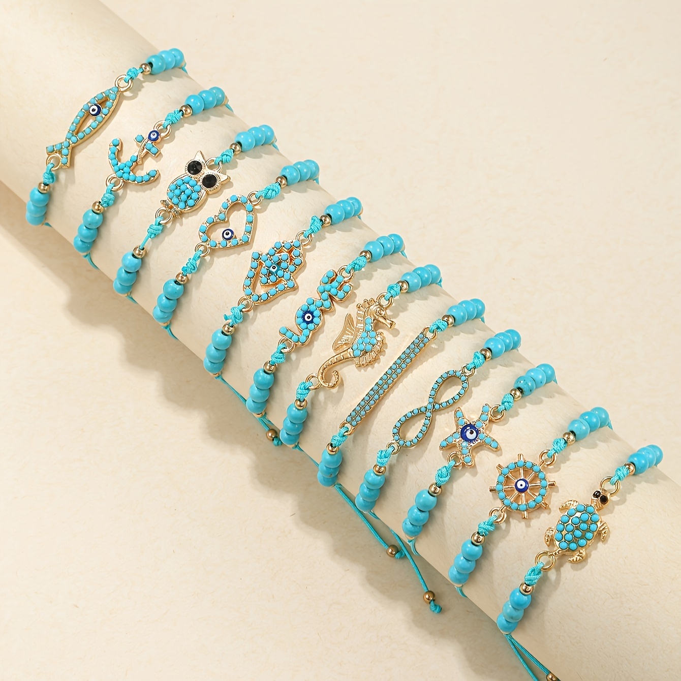 

12 Pcs. Style Blue Turquoise Bracelets With Eye Pendants - Wear