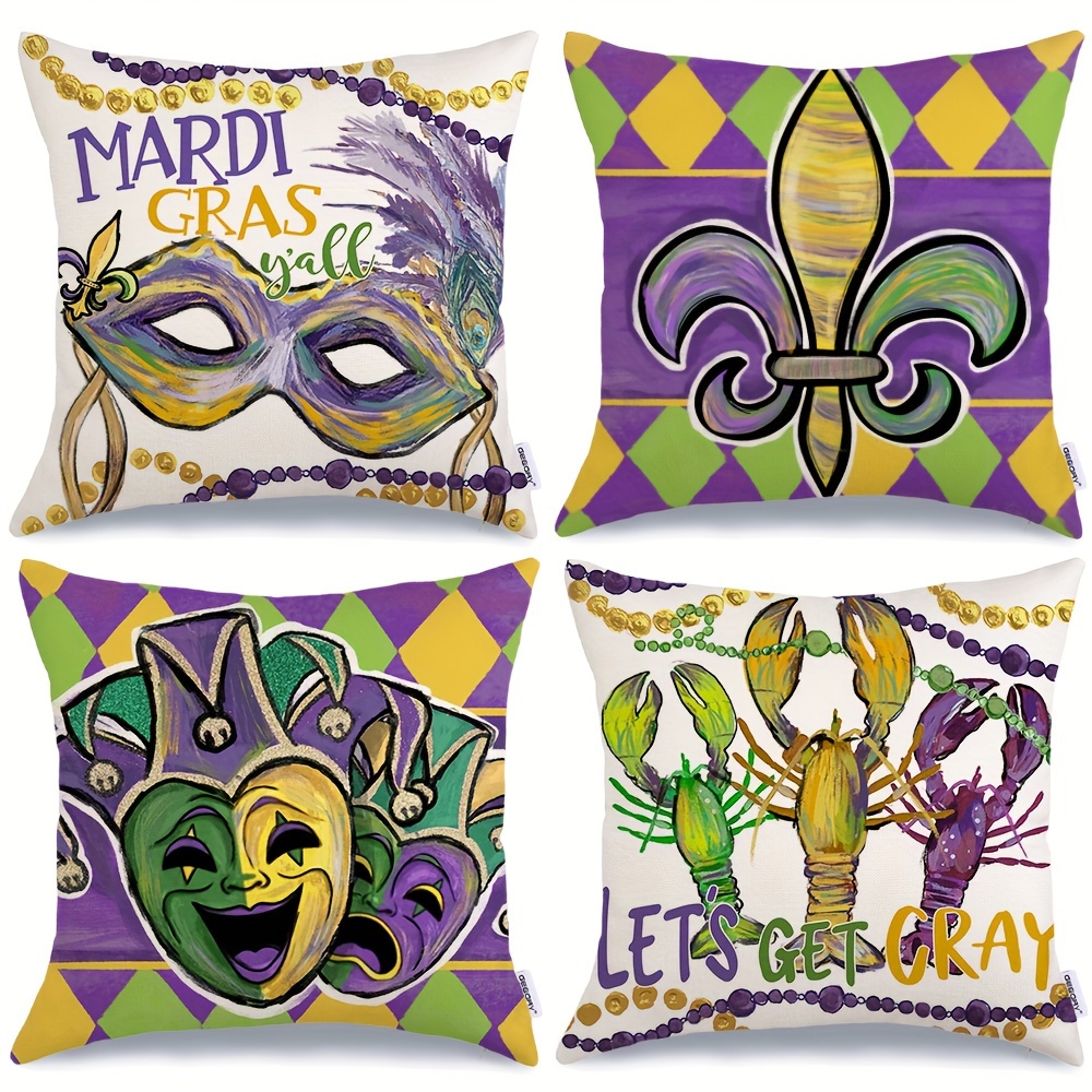 

Mardi Gras Throw Pillow Covers 18 X 18 Inch Set Of 4, Mardi Gras Y'all Fleur De Lis Hats Beads Mask Feather Lobsters Pillowcases For Home Sofa Couch Cushion Decoration