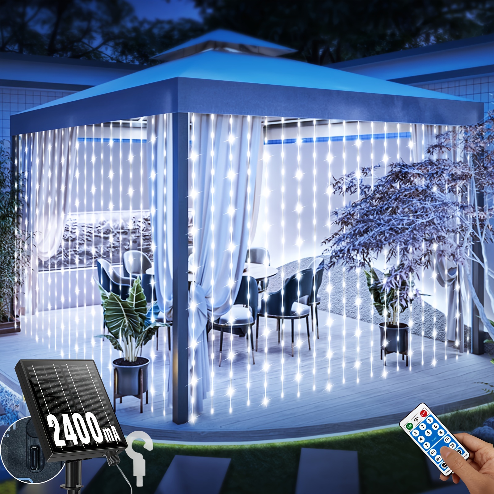 TEMU Guirnaldas de luces solares para interiores y exteriores, 600 LED, tipo , luces de con 8 , control remoto, carga tipo C, ajuste de ,