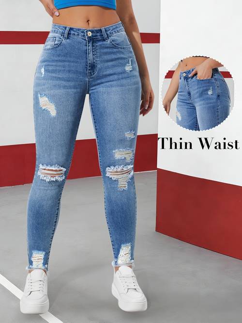 ripped elastic skinny pants denim jeans