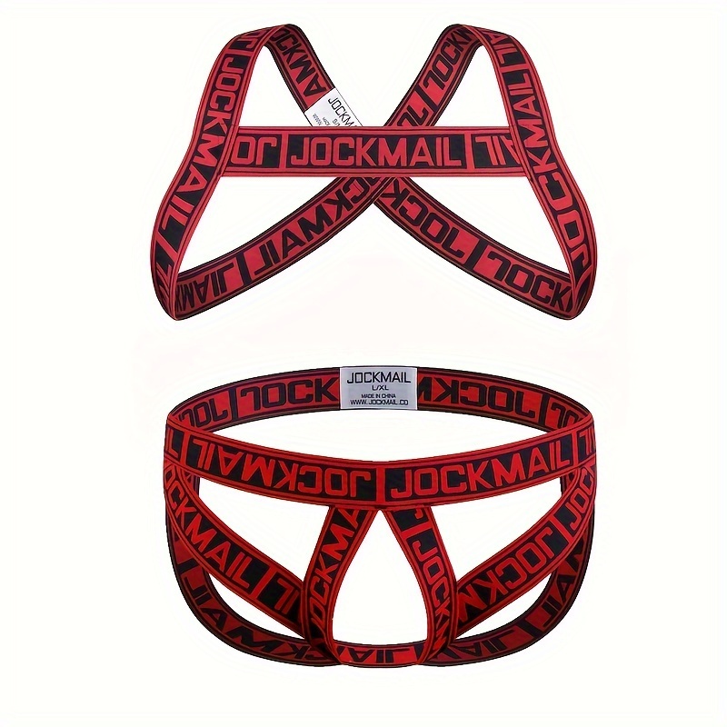 Men's Random Letter Pattern Elastic Silky Muscle Harness And Sexy Hollow-Out Chest Band With Matching Briefs Set Sexy Clothing For Men