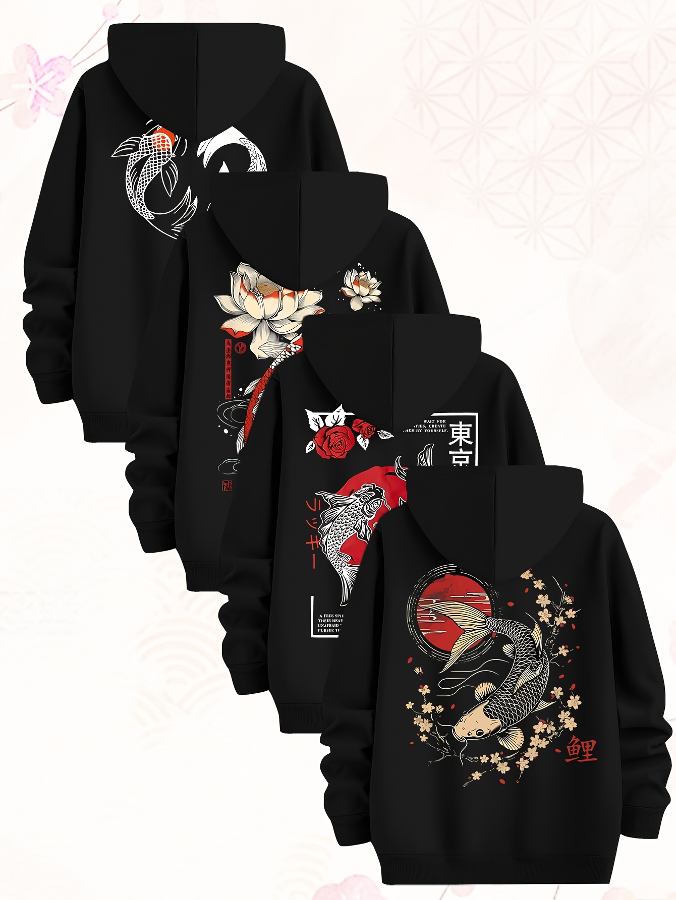 Carp Element Pattern Sweatshirt Four-Piece Men'S Hoodie, Made of Knitted Fabric, Casual Style, Fitted Hoodie Multi-Piece Set - Image 2
