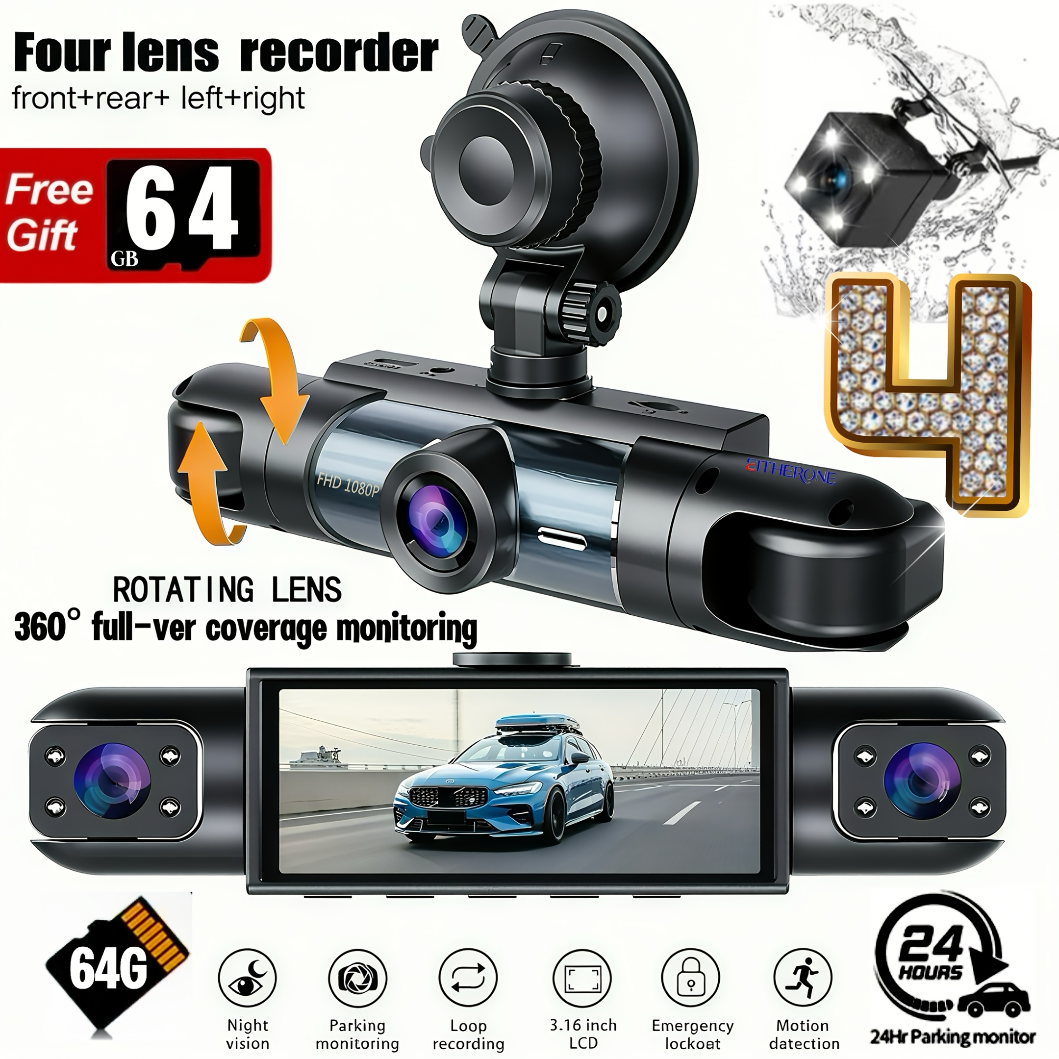 Image of (free 64gb Memory Card) Real 4-channel Recording, Front 1080p Full Hd + Rear/ 720p Wide Angle, 8pcs Infrared Night Vision, Gravity Sensor, Supports Loop Overwriting Video, Parking Monitoring