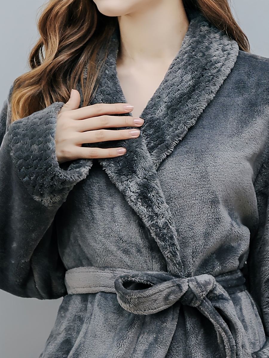 1pc Bathrobe Women or Men Plus Size for Winter & Spring & Autumn, No Hooded, Grey, Long, Flip Collar, Plush Robe for Bathroom, Bedroom, Thicken Flannel Towel for Shower, Sleepwear Gown, Can As Couple Home Clothes Robes