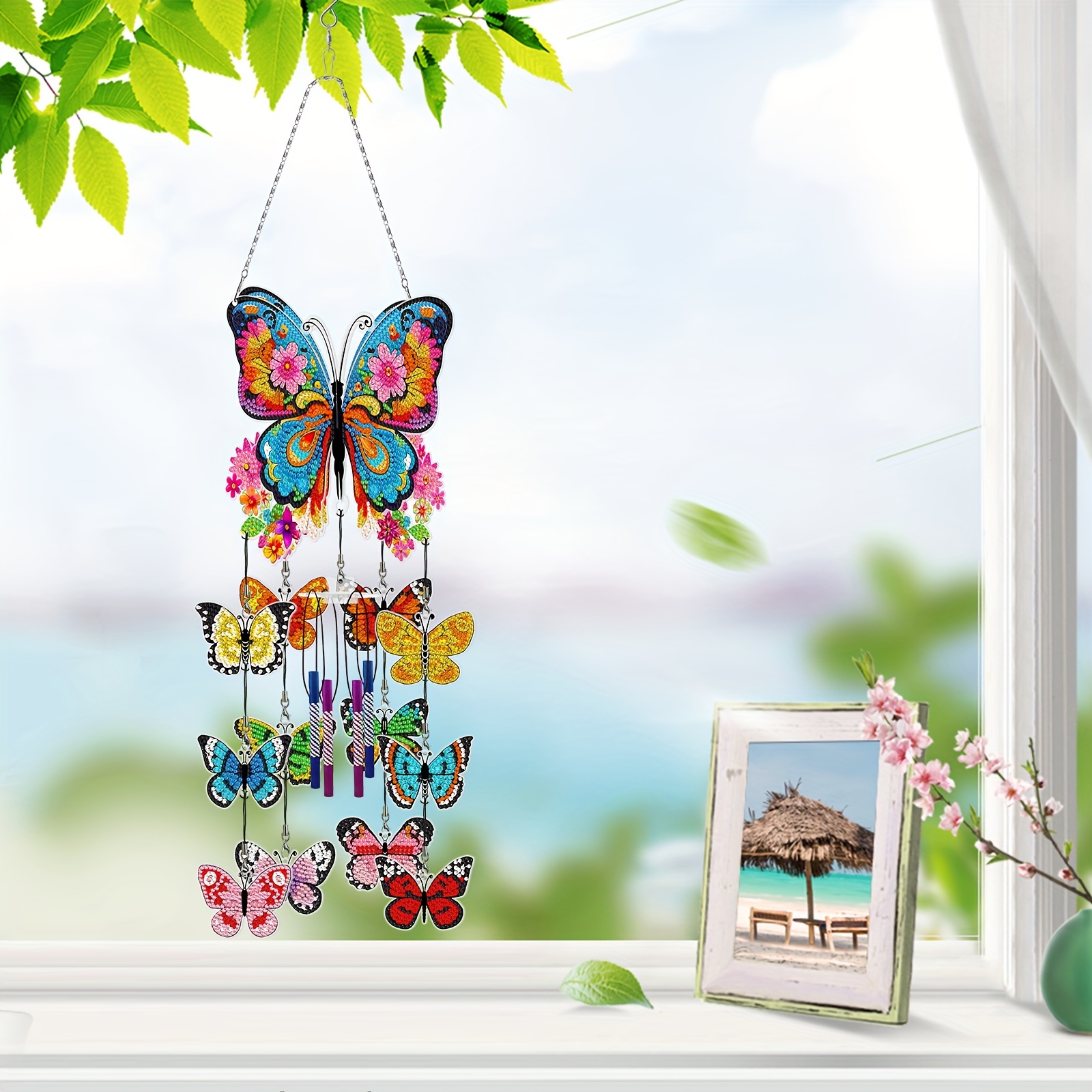 

artisan" Diy Diamond Painting Wind Chime Kit - Colorful Butterfly & Floral Design, 3d Handcrafted Pvc Hanging Decor For Home, Garden, And Window