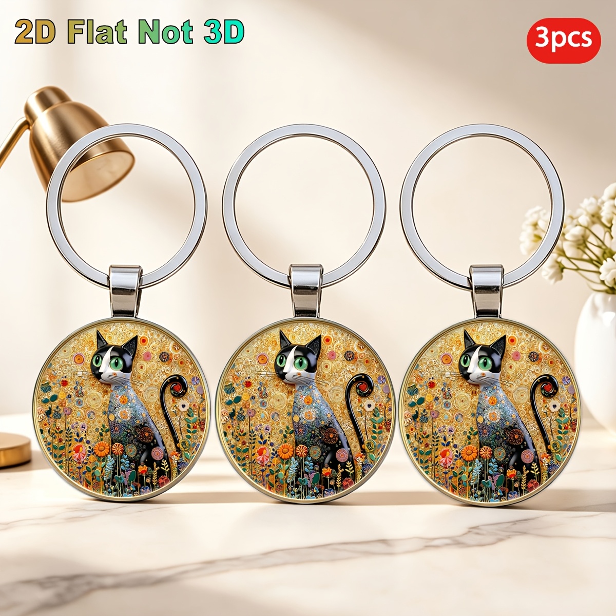TEMU 2D Plat, 3 stuks, Sleutelhangers, Abstracte Katten Schilderij, Thema Ronde Sleutelhanger, Geschikt Voor, Sleutel, Tas Decoratie, Mode Decoratie,