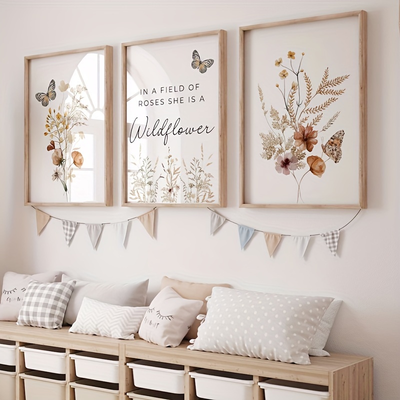 

3-piece Wildflower & Roses Canvas Wall Art Set - Frameless, Perfect For Living Room & Bedroom Decor, Ideal Mother's Day Gift