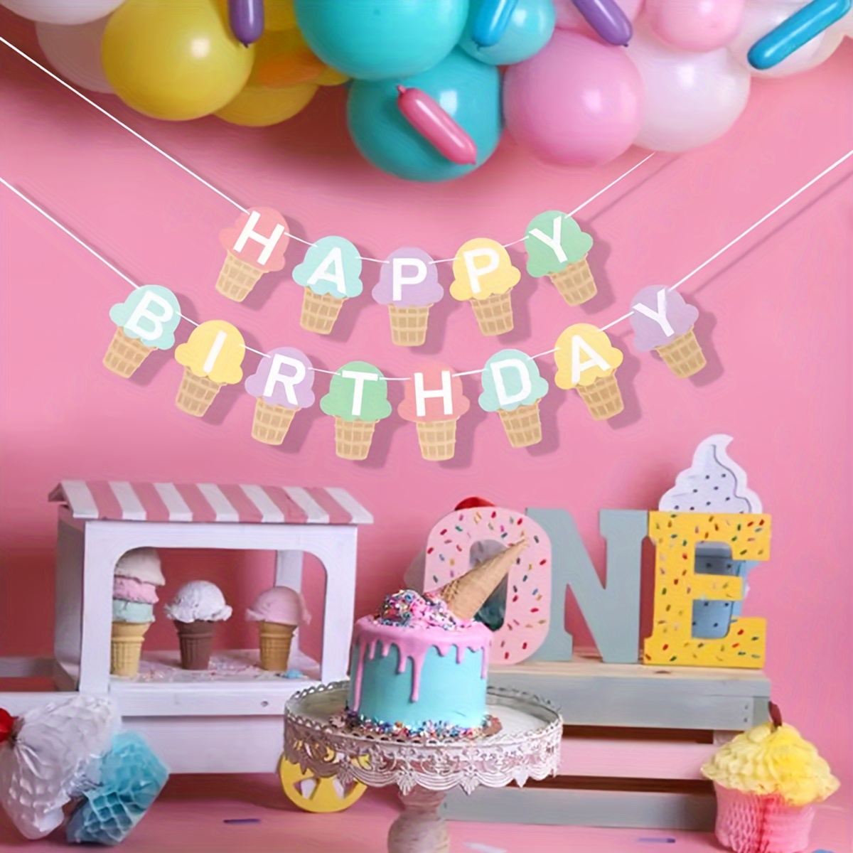 

13pcs Ice Cream Birthday Party Banner Set - Indoor/outdoor Decorations For Festive Celebrations