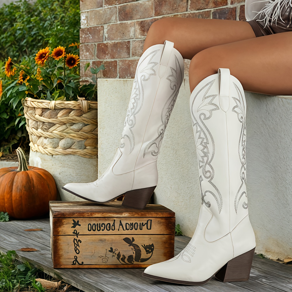 Women's Embroidered Knee High Cowboy Boots – Vintage Western Cowgirl Boots With Pointed Toe & Chunky Heel