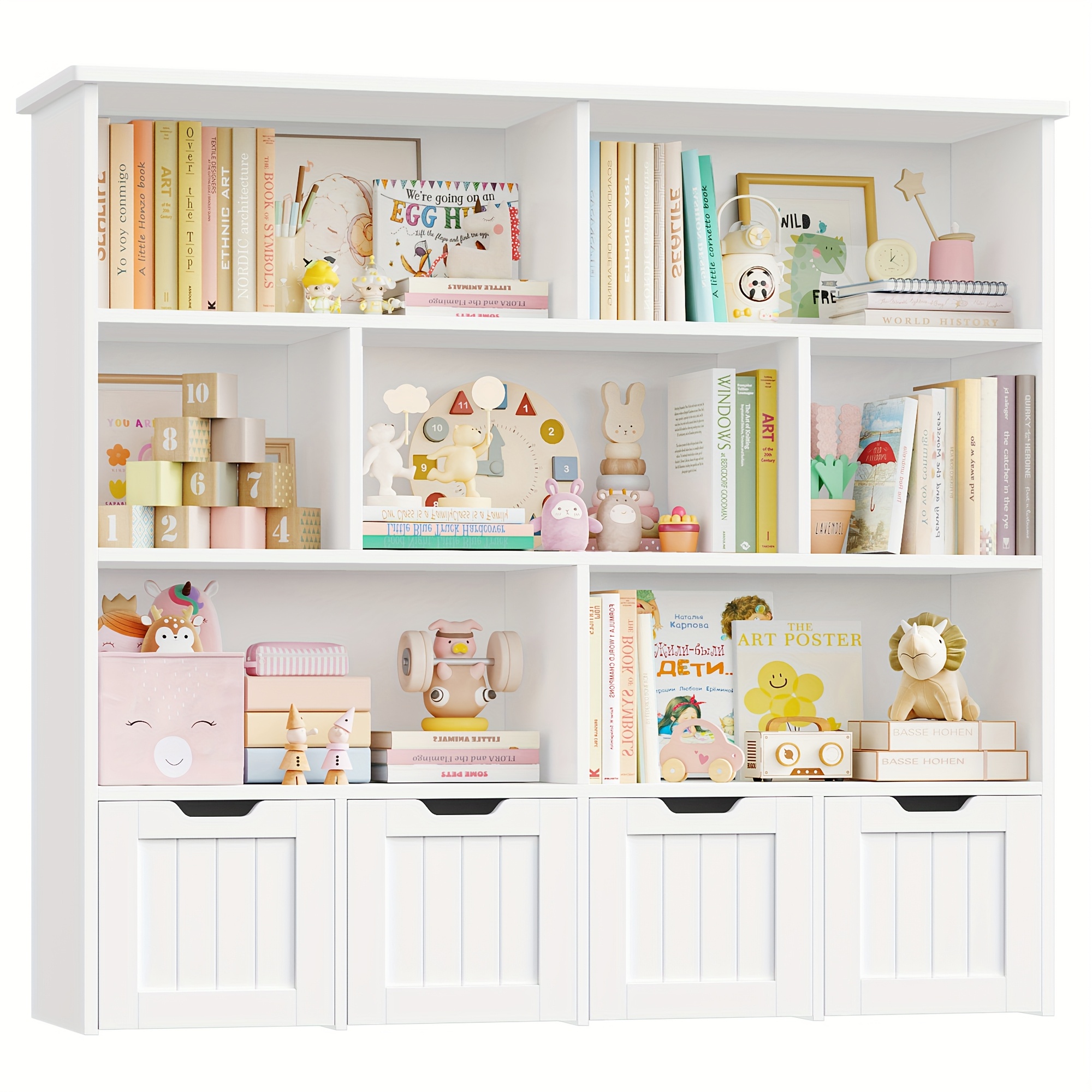 Image of Kealive Bookshelf Storage Cabinet,storage Furniture, Book Storage Rack, With 4 Drawers With Wheels, 7 Open Compartments, 125,5x33x118cm