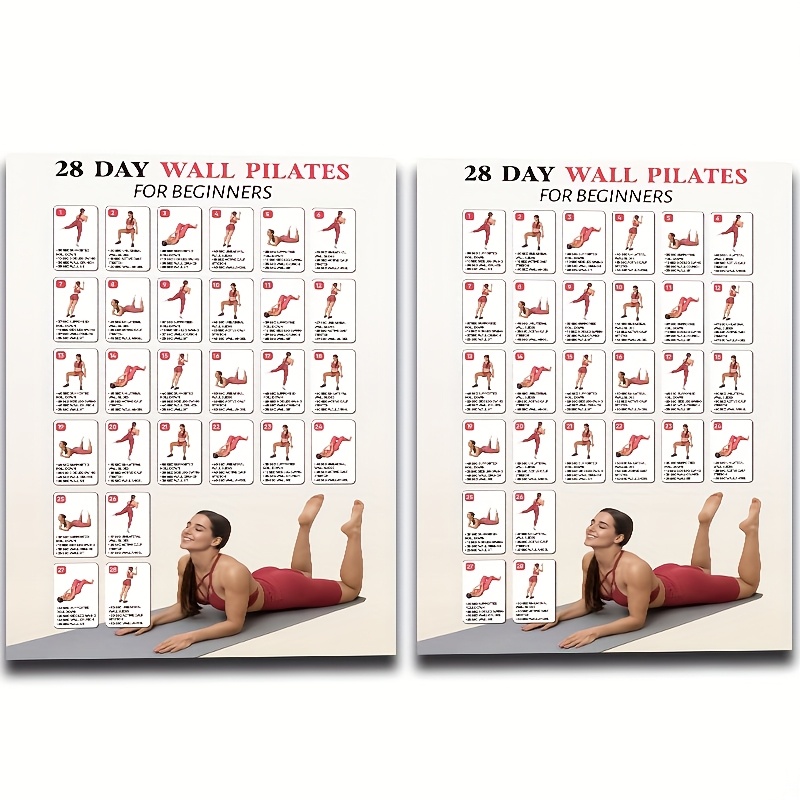 E-shop 2er-Set, 28-Tage Pilates-Wandguide für Anfänger mit Schritt-für-Schritt-Illustrationen – Ideal für Zuhause, Fitnessstudio, Studio-Deko,