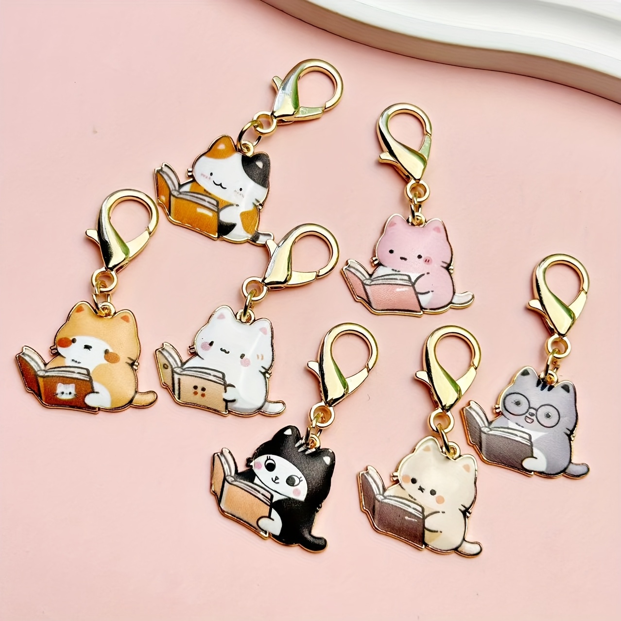 Image of 7pcs/cat Keychain Set - Alloy Cartoon Learning Kitten Keychains, Suitable For Cat Lovers - Cute Feline Accessories As Personal Decoration And Birthday Gifts