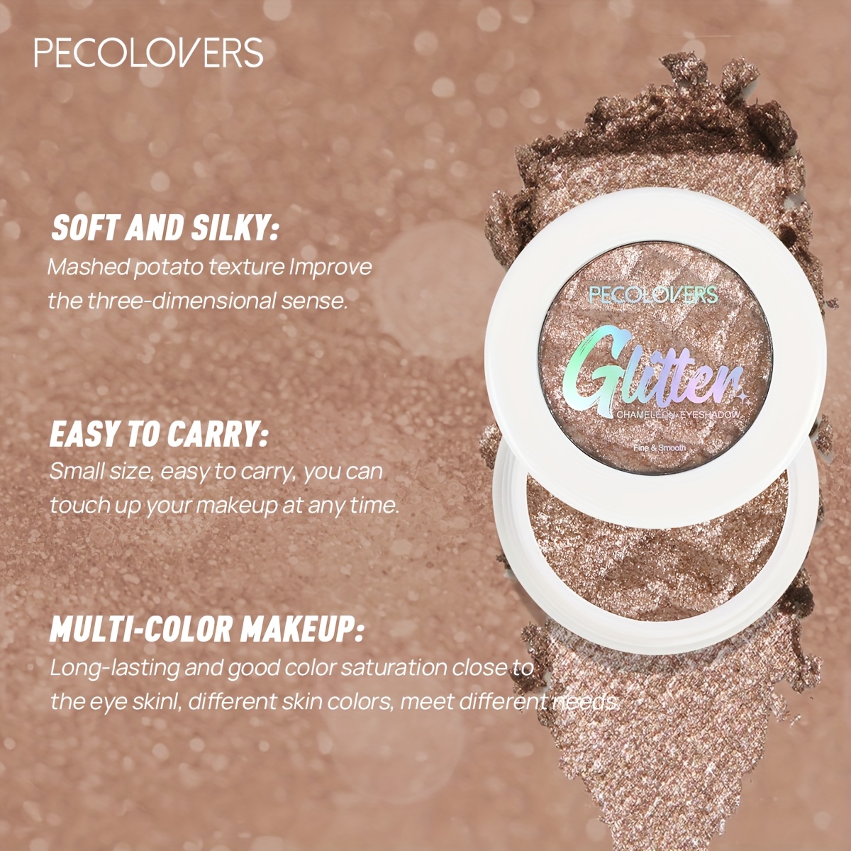 PECOLOVERS Radiant Glow Sparkling Monochrome Highlighter Eyeshadow - Mashed Potato Texture, Eye-Brightening Pearly Glitter Finish, Metallic Shimmer for Dramatic Makeup Looks, PECOLOVERS