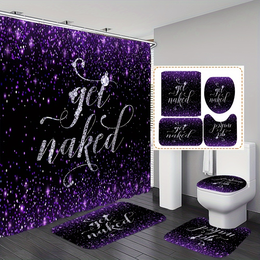 

1/4pcs Purple Glitter Printed Shower Curtain Set, Waterproof Shower Curtains With 12 Hooks, Non Slip Carpet, Toilet Lid Mat, U-shaped Bath Mat, Home Decoration, Bathroom Accessories