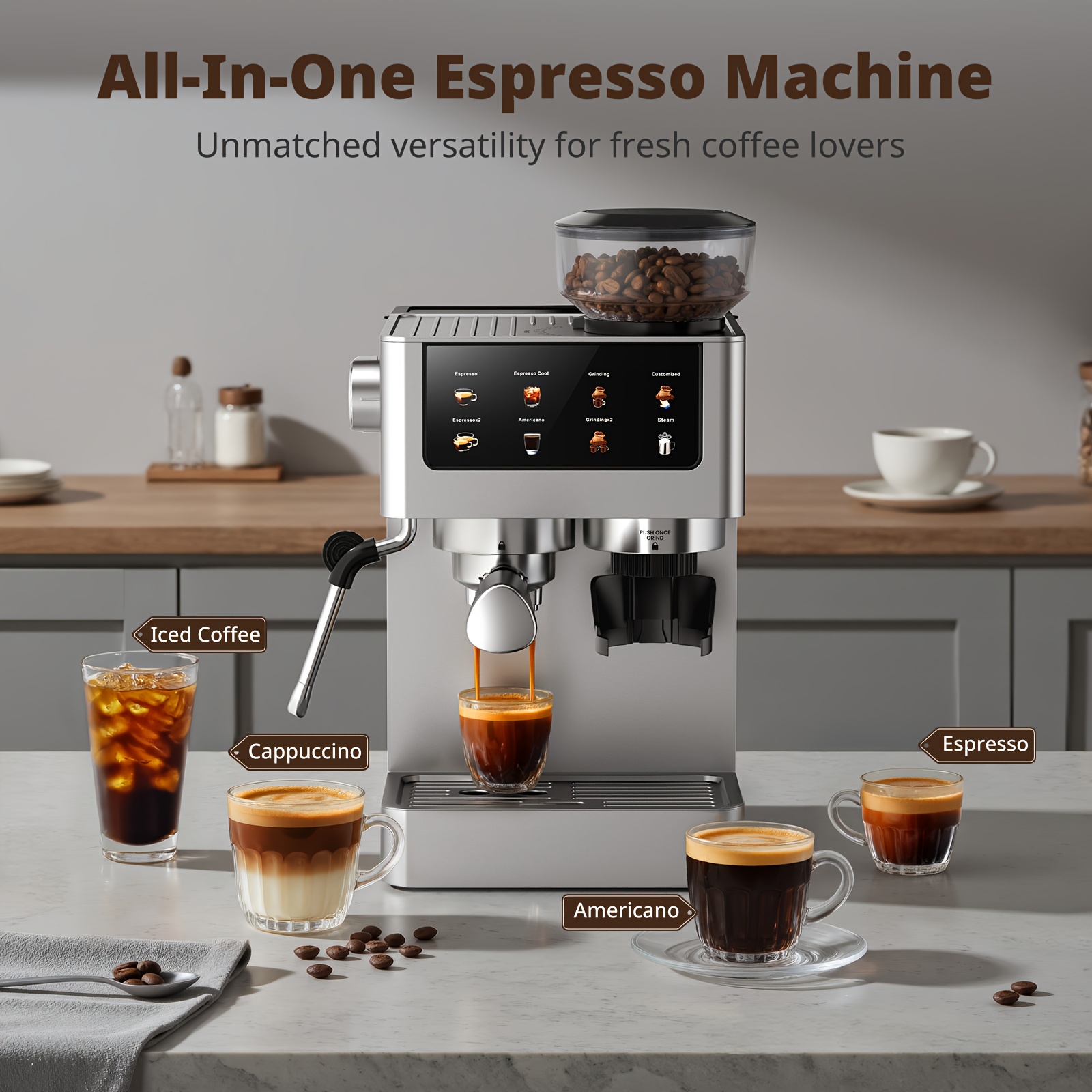 Espresso Machine With Grinder, Adjustable Grind Amount And , Cold Brew For Cappuccino, Latte & Americano, Brushed Stainless Steel