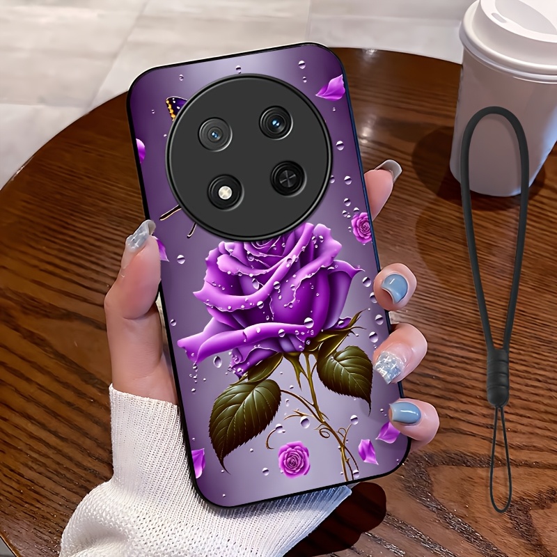 TEMU Phone Case - 2d Flat, 2pcs Set: Includes 1 Phone Case And 1 Strap, Purple Pattern Phone Case, Suitable Magic 7 Lite, Unisex Lanyard Phone Case,