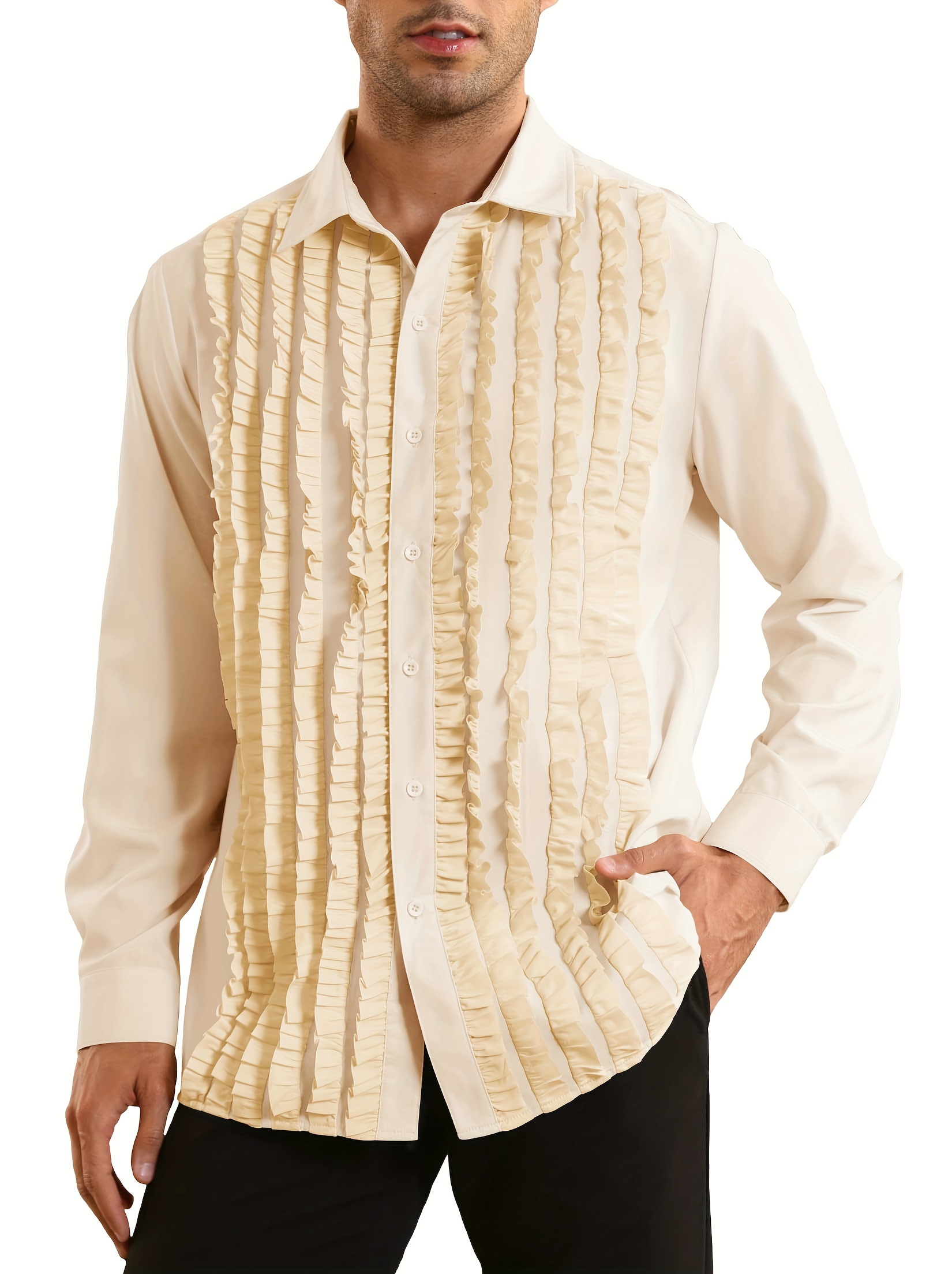 Mens Ruffle Tuxedo Shirt 80s Prom Button Frill Pleated Long Sleeve  Shirts Top