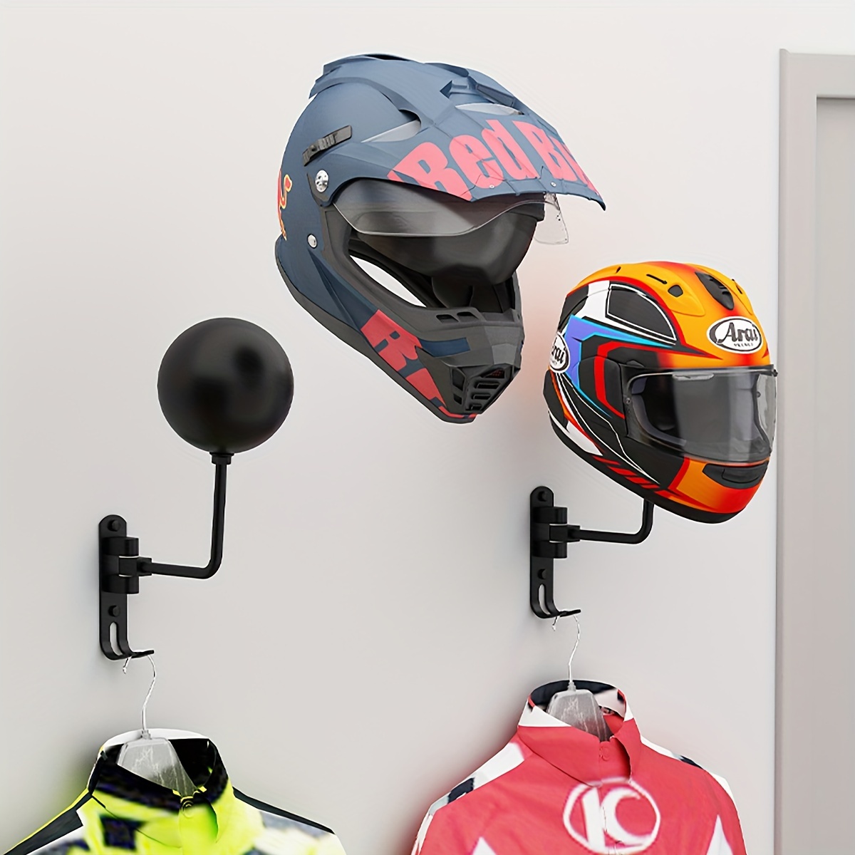 

Wall-mounted Helmet Rack, Aluminum, Black, Multi-use For Bedroom, Outdoor, With Hooks, For Motorcycle, Football, And Bicycle Helmets, Safety Hats, Home & Kitchen Storage