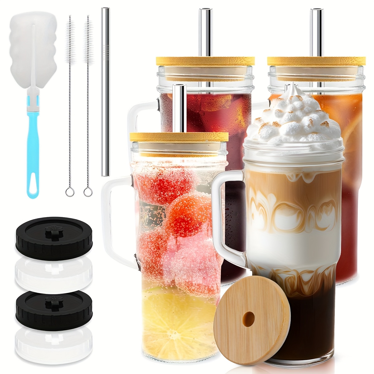 2pcs 4pcs glass cups with lids and straws 24 oz mason jar drinking glasses tumbler with handle brush reusable iced coffee cups boba tea smoothie cups mothers day gifts Product details 0