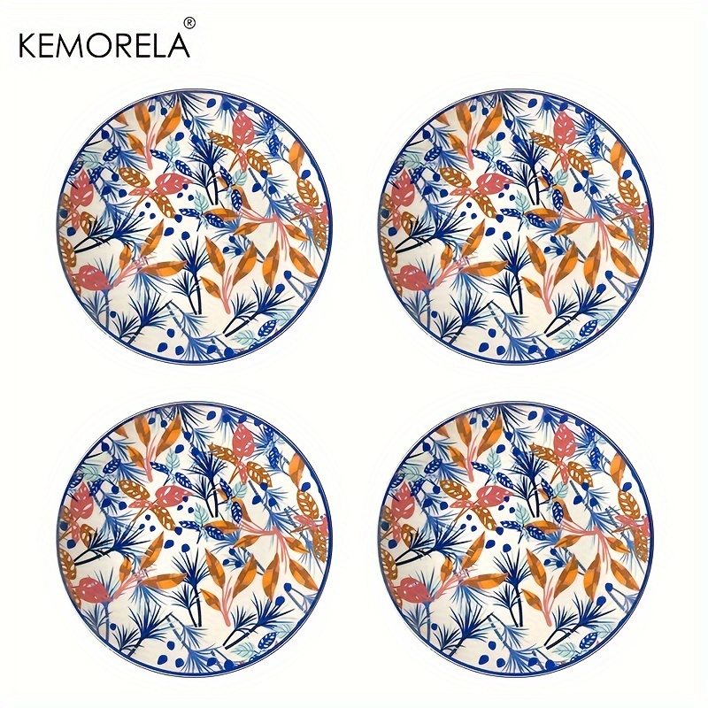ケモレラ 4ピースセット セラミックプレート - 葉柄、サラダ、パスタ＆デザートに最適、電子レンジ＆食洗機対応、エレガントな磁器食器セット