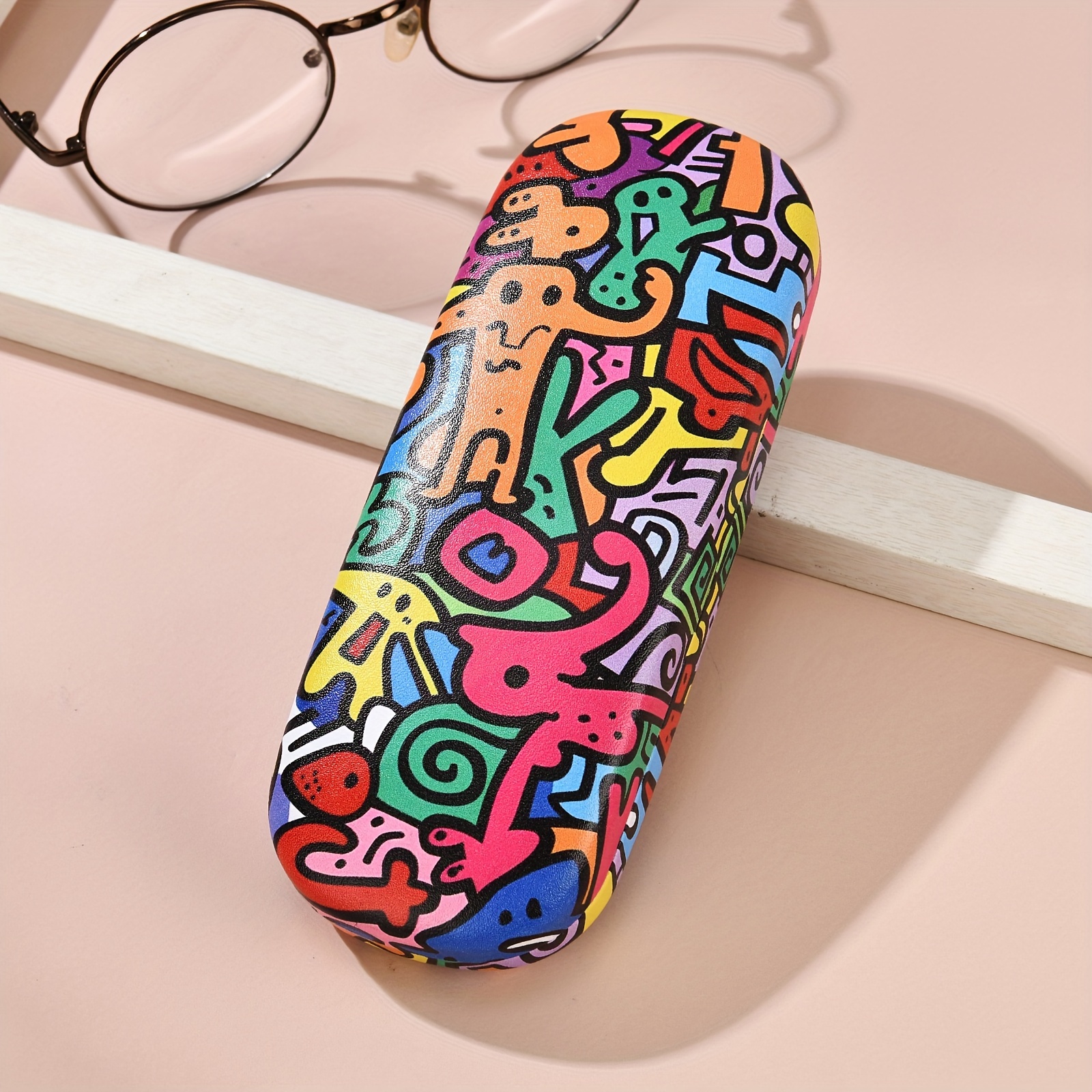 1pc, Fashionable Colorful Elements Printed Glasses Case, Pressure-resistant Glasses Case, Double-sided Opening Glasses Case, Unisex, Glasses Protector, Exquisite Gift