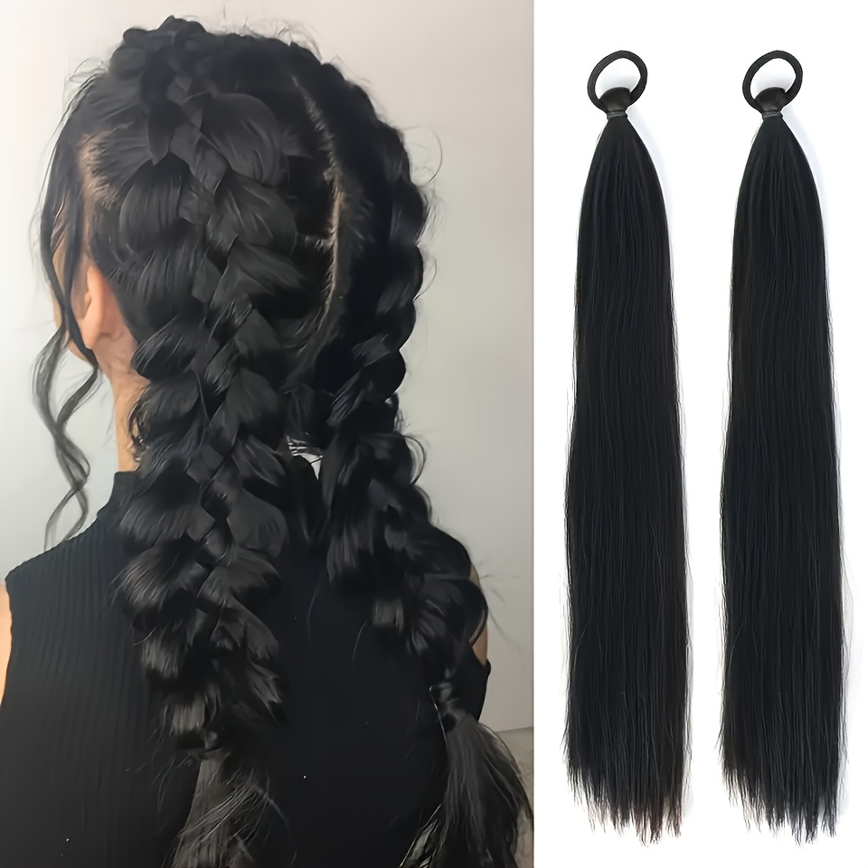 TEMU 2pcs Braidable Ponytail Extensions Suitable For Women's High-temperature Resistant Synthetic Hair Wig With Straight Clips- Hairpiece, Braiding