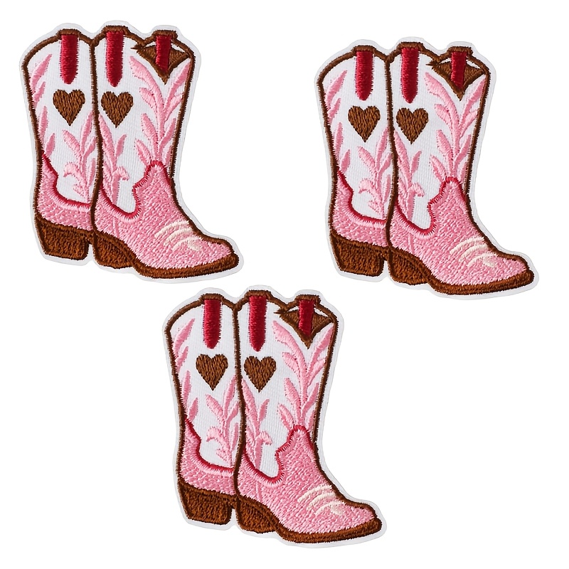 TEMU 3pcs Pink Western Cowboy Boot Embroidered Patches, Heart Pattern Cowgirl Style Fabric Patches, Sew-on Or Iron-on, Suitable For Clothes, Hats,