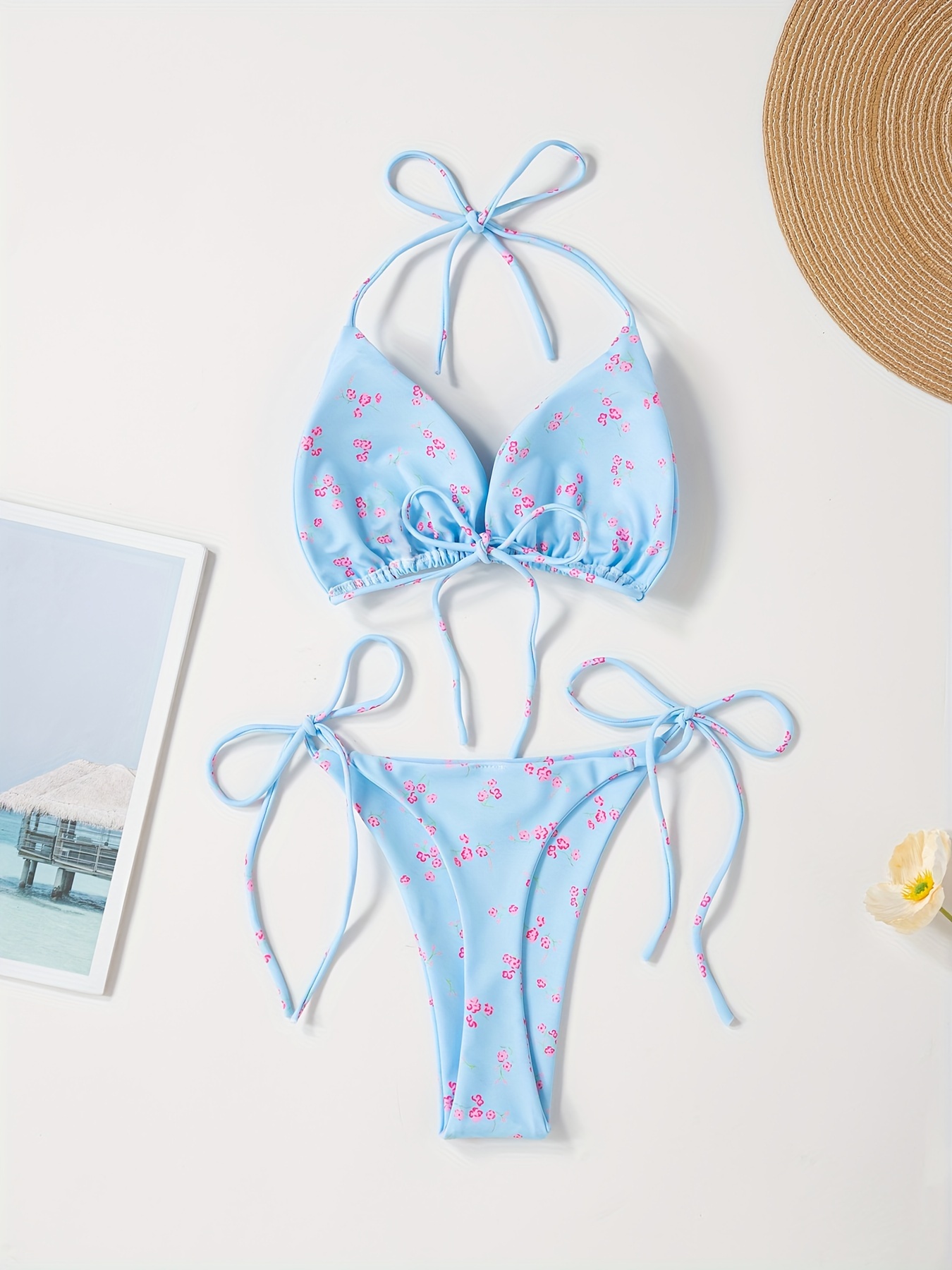 Floral Print V-Neck Bikini Set for Women, Polyester and Elastane Blend, High Stretch, Knit Fabric, with Bow Detail, for Sexy Lingerie Style Swimwear