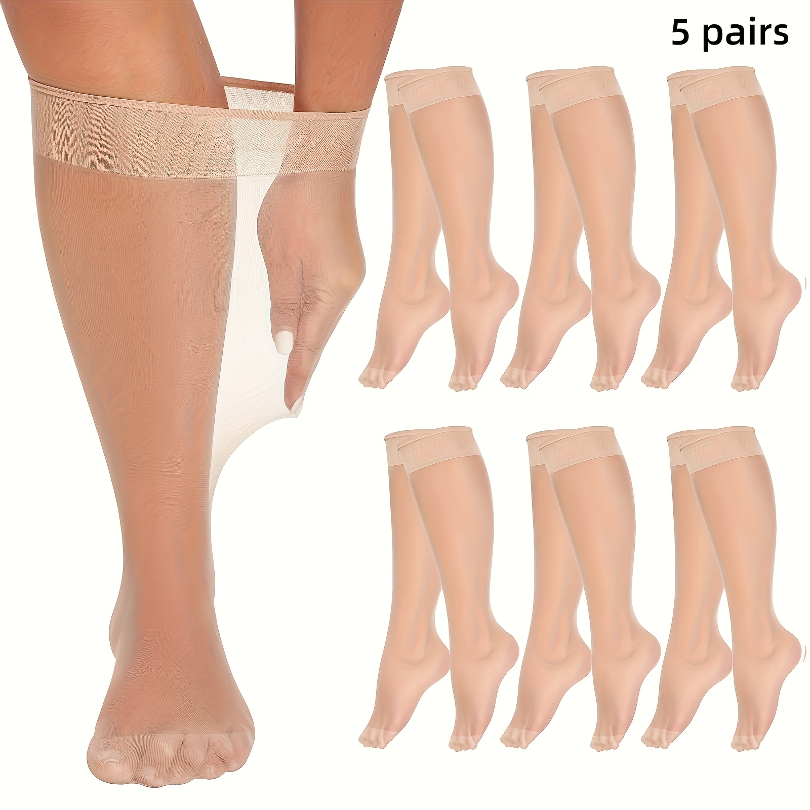 TEMU Pack de 5 de medias transparentes pantorrilla, -enganches, calcetines ultrafinos de media para mujer, color nude, medias finas invisibles