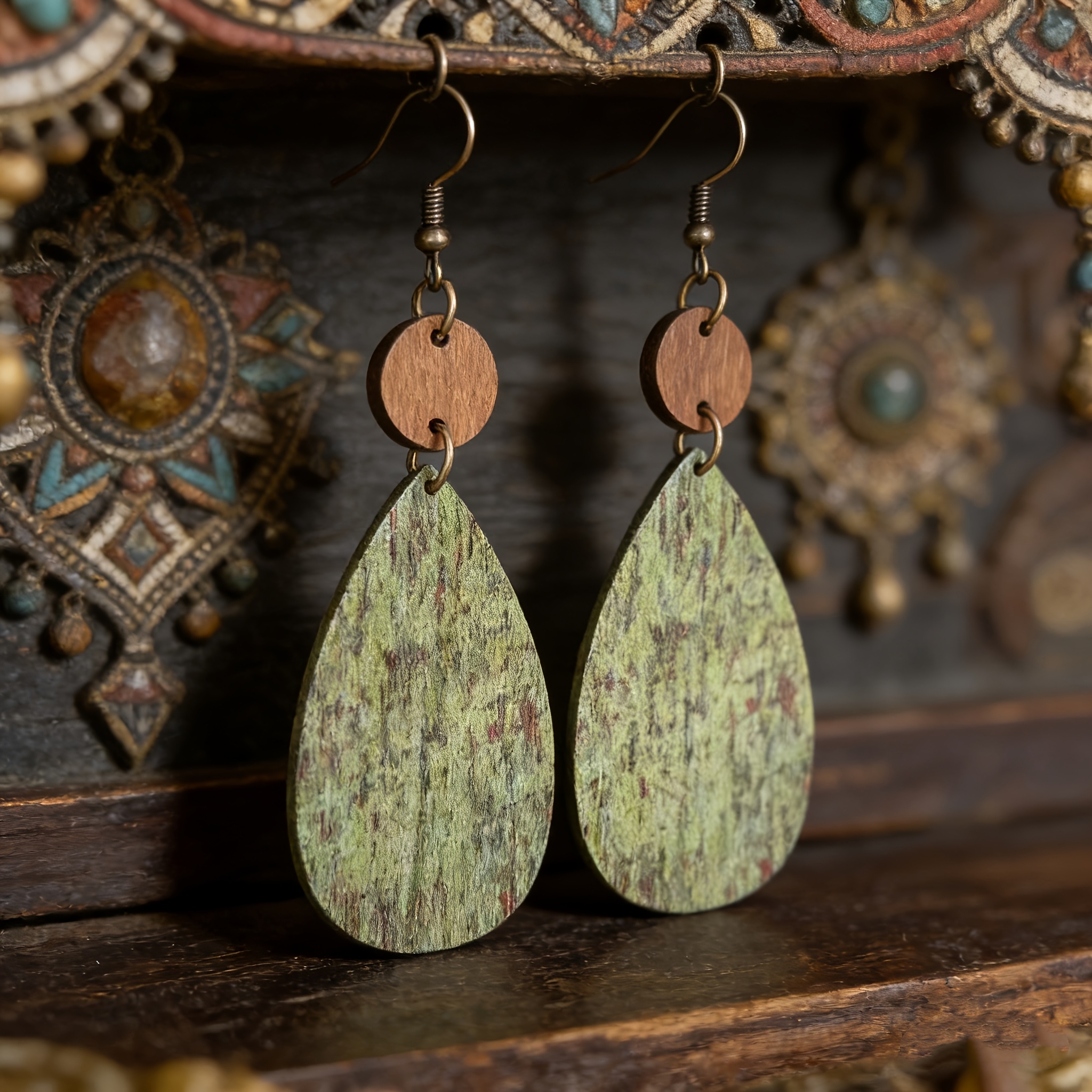 1 Pair Bohemian Rustic Wood Teardrop Earrings, Vintage Distressed Wooden Pattern Drop Dangle Earrings For Women