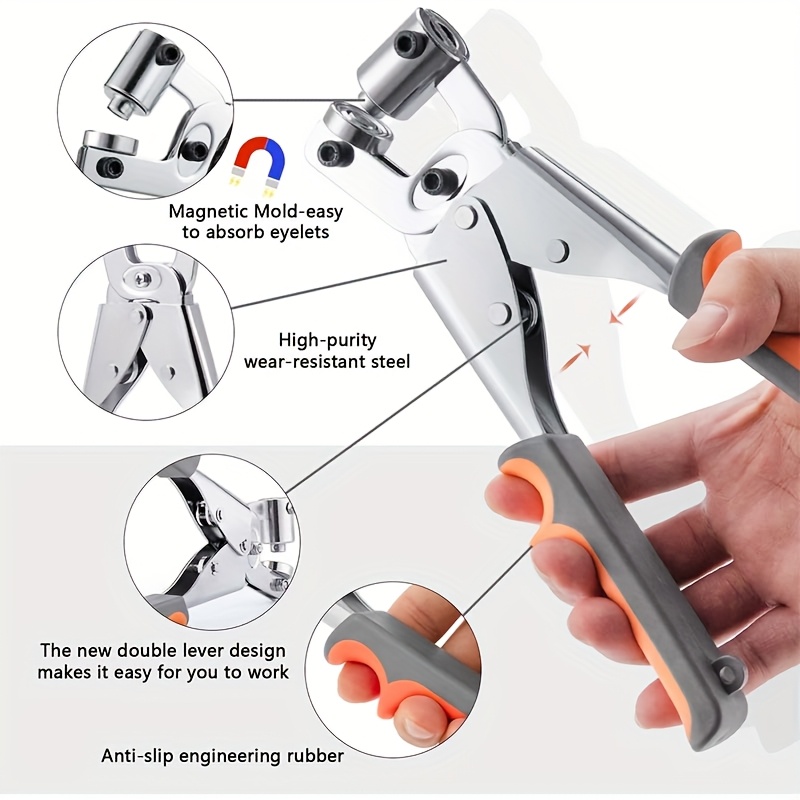 500pcs heavy duty grommet tool kit with handheld press hole punch carbon steel construction 3 8 10mm eyelets for leather canvas fabric vinyl tarps banners tents heavy duty press with ergonomic handle storage case ideal for diy construction camping marine automotive industrial use durable precise grommet setting system Product details 4