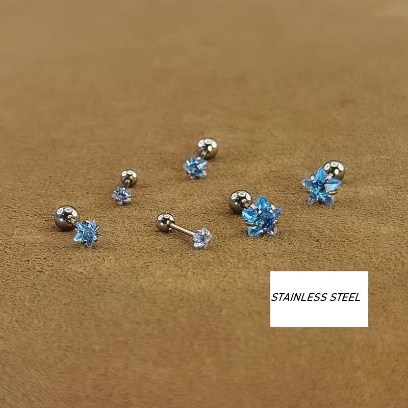 TEMU Juego de 6 piezas de pendientes de aguja para hueso de de estrella de circonita sintética de 4 mm, 5 mm y 6 mm de acero inoxidable