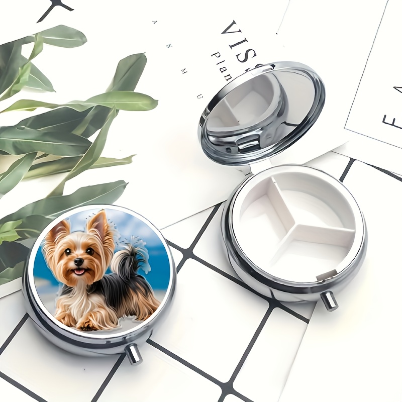 Image of A Portable Medicine And Vitamin Storage Box With Large Capacity Of 3 Compartments, And A Cute Yorkshire Terrier Printed Of The Box, Perfect For A Purse Or Pocket, Suitable As A Gift