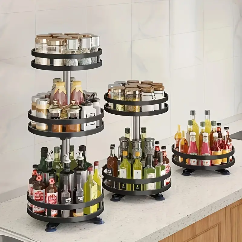 360 degree rotating kitchen organizer durable stainless steel spice seasoning rack with layered shelves for oils salts vinegar Product details 2