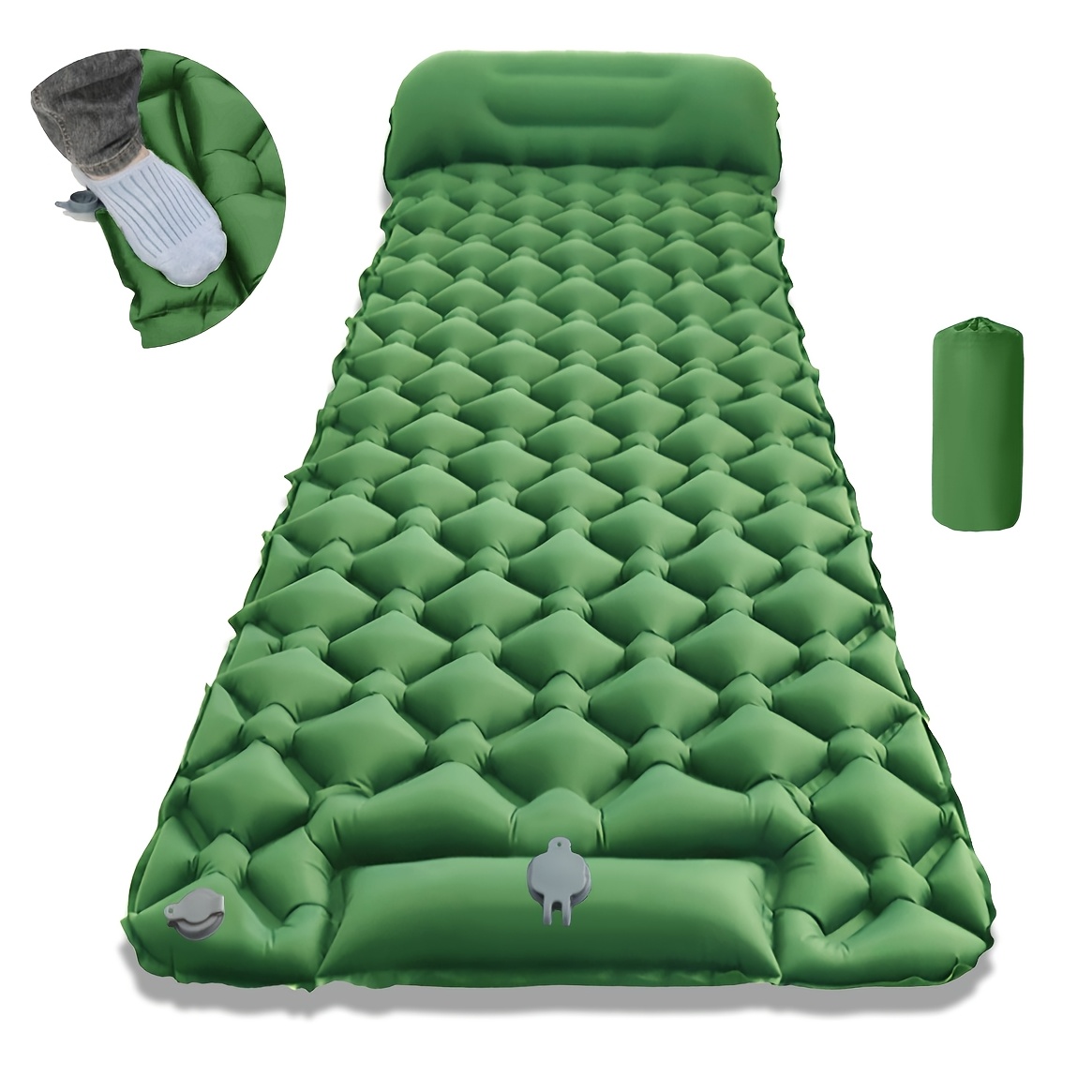 Foot Press Inflatable Sleeping Pad With Integrated Pillow, Honeycomb Structure, With Storage Bag