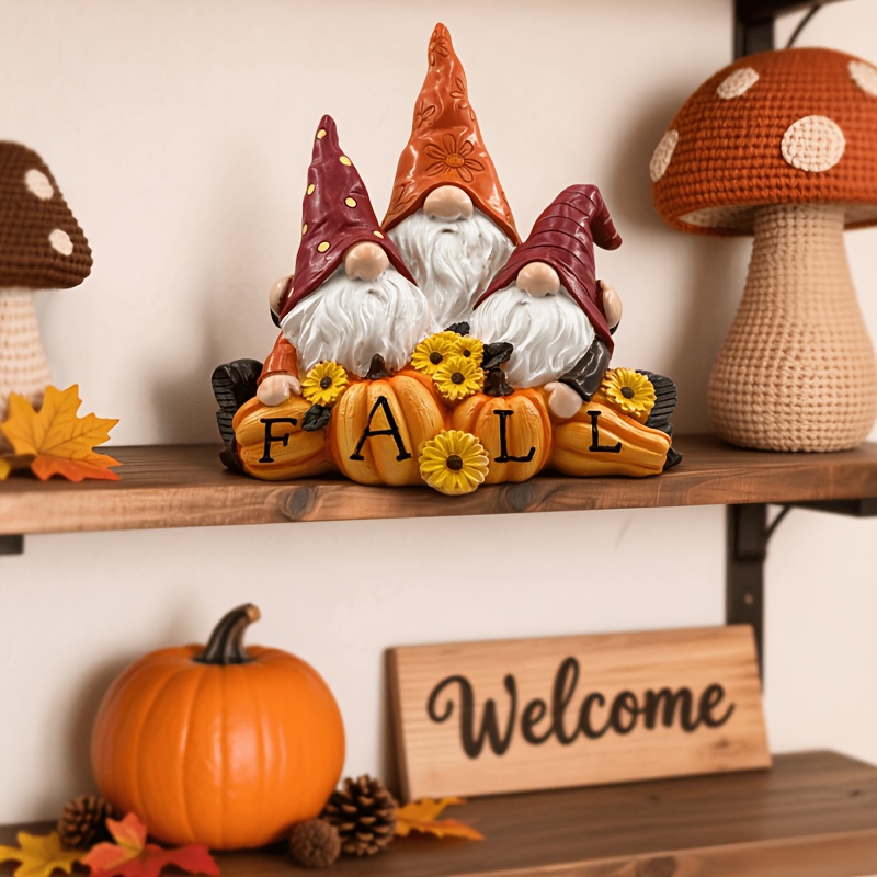 TEMU ["Figurines ] 1pc Statue décorative de la récolte d'automne, Gnome avec citrouille et ornement en résine de marguerite, Artisanat rustique de la