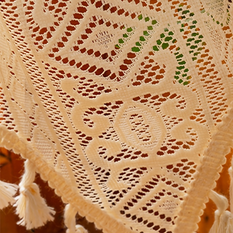 E-shop Kurzer Fenster Vorhang mit handgemachtem Quasten-Streifenmuster, Häkel-Spitzen-Design, geeignet für Küche, Café, Badezimmer, Vintage