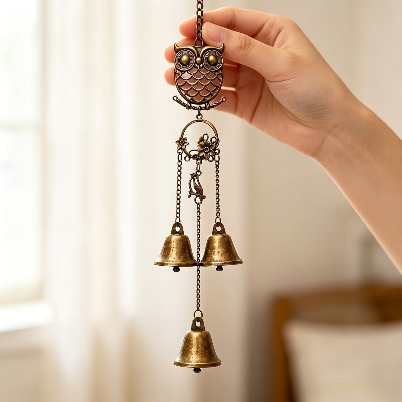 TEMU Owl Wind Chime With 3 Metal Bells And Bird-shaped Pendant, Hanging Garden Decoration, Suitable For , Patios, , Windows, And Indoor Homes,