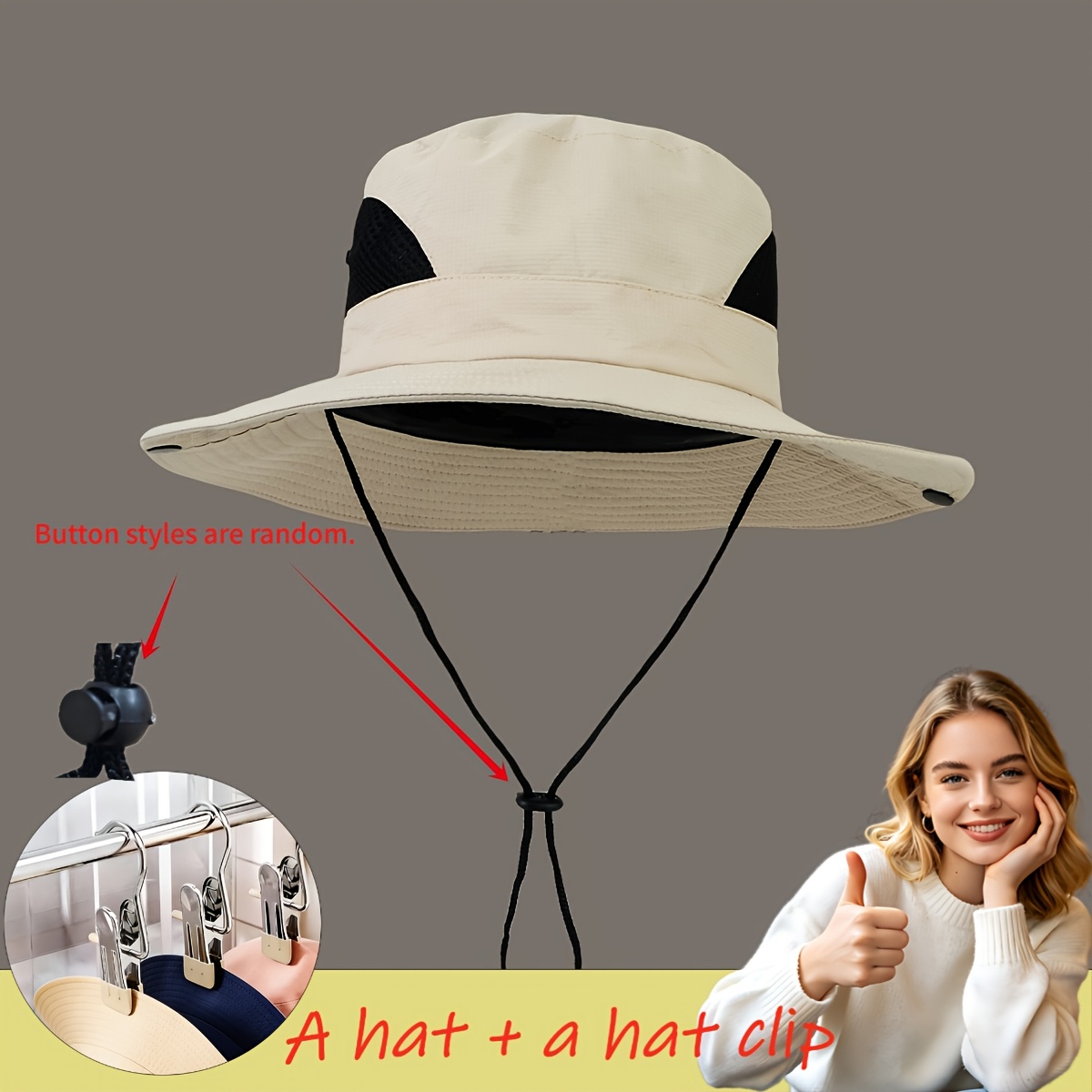 TEMU 2pcs 1 Hat + 1 Hat Clip, Unisex Breathable Mesh Bucket Hat, Button Style Random, Adjustable Windproof Sun Hat, Suitable For Men's Hiking,