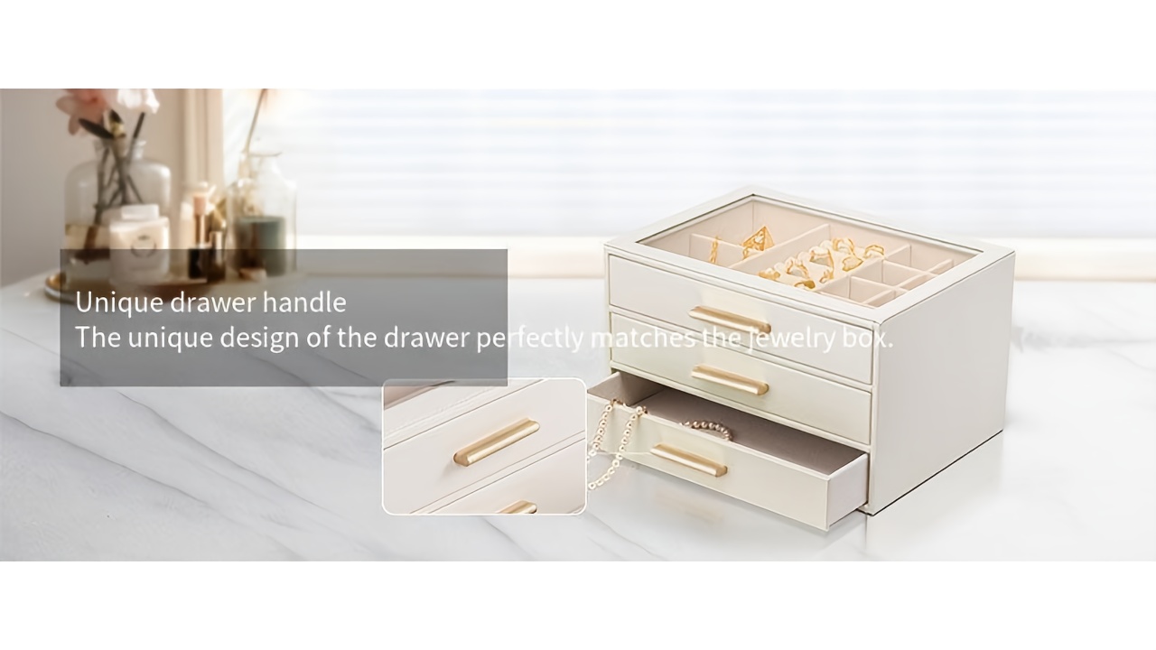 3 tier jewelry organizer box with transparent drawers large capacity multi layer storage for necklaces earrings rings durable fabric metal construction elegant white   for home or retail use jewelry box jewelry box jew Product details 1