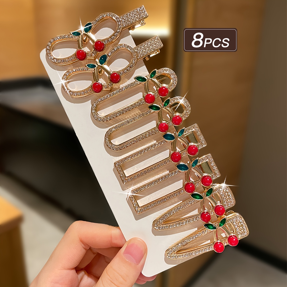 E-shop 8er-Pack Damen Haarspangen mit Kirsch-Einlegearbeiten und Diamanten, verschiedene Stile, Retro- und eleganter Stil, goldene Kopfbedeckung, große