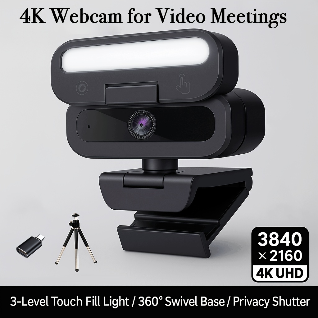 webcam 4k pour visioconférence, webcam usb à   avec anneau   et cache-intimité, caméra dordinateur   avec trépied et adaptateur type-c pour réunions zoom, télétravail et cours en ligne
