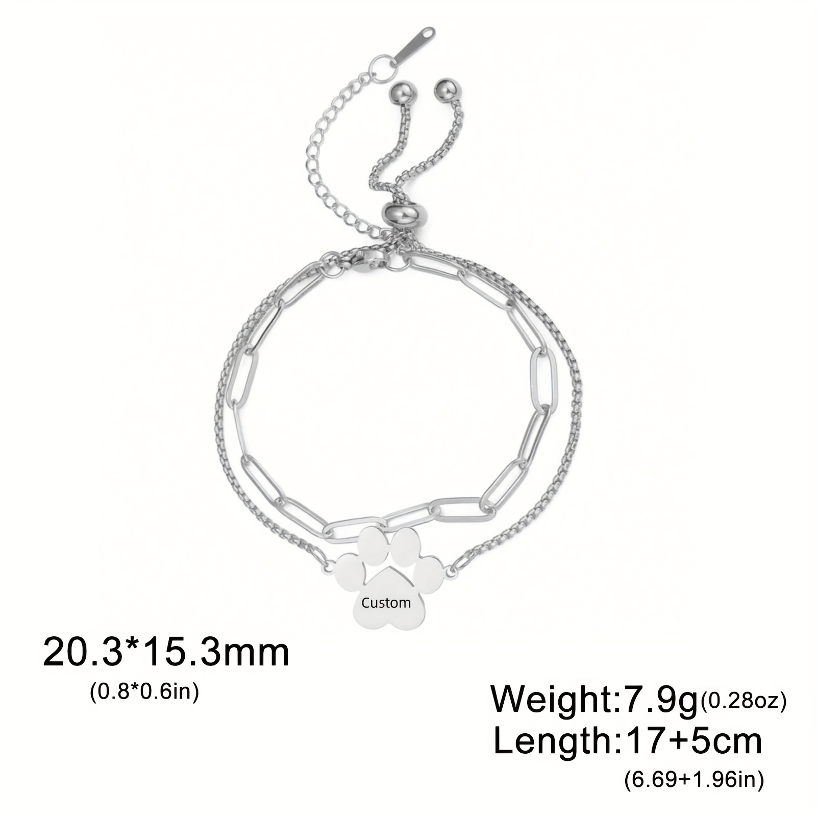 TEMU [customized] 1pc Fashion Personalized Custom Double Hole Solid Dog Paw Pendant Bracelet 304l 304 304l 304 Stainless Steel Box Chain And Welded