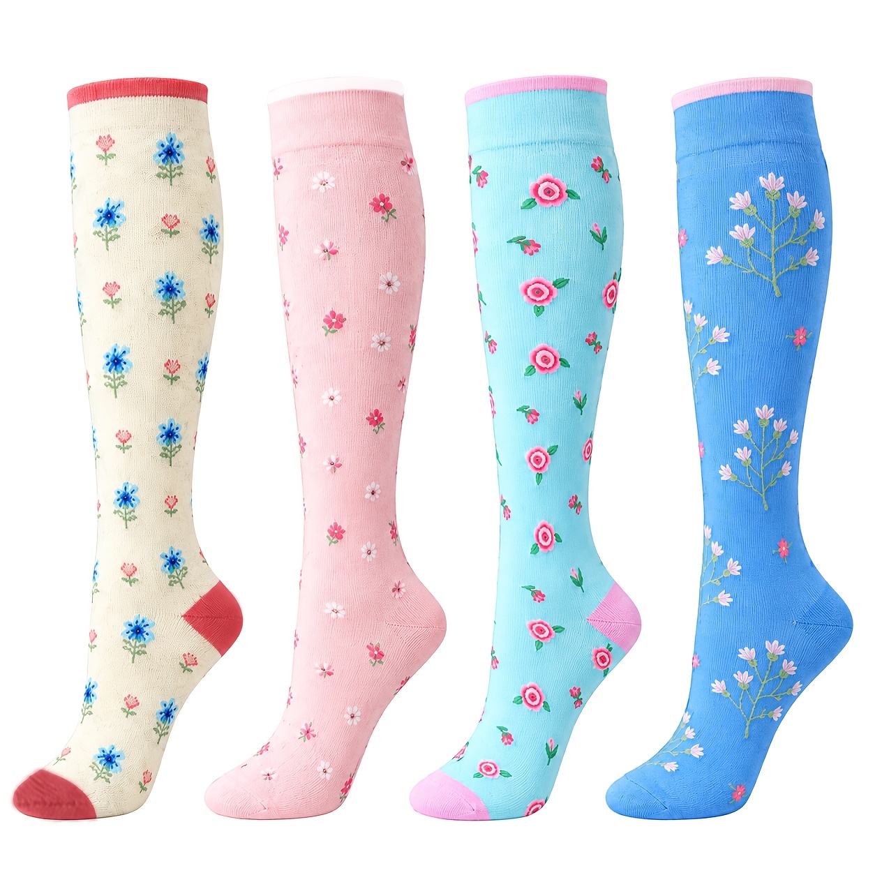 TEMU 4 Pairs Floral Compression Socks Smooth Fabric 10 Mmhg Knee High Compression Socks For Running Yoga Rock Climbing Cycling Office Use