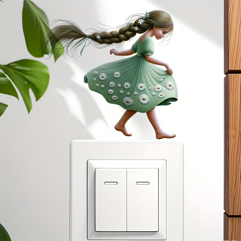 Image of A Single Exquisite And Interesting Sticker Of A Girl Wearing Green Clothes - Wall Decoration For Bathroom, Bedroom, And Living Room - Removable, Self-adhesive, And Easy To Decor Accessory.
