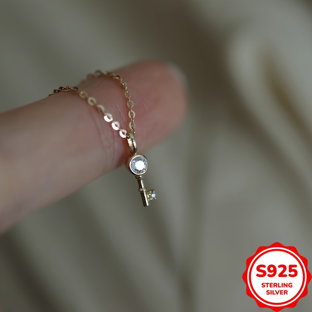 

Elegant 925 Sterling Silvery Mini Key Necklace With Cubic Zirconia - Perfect Or Valentine's Gift, Cute Necklace