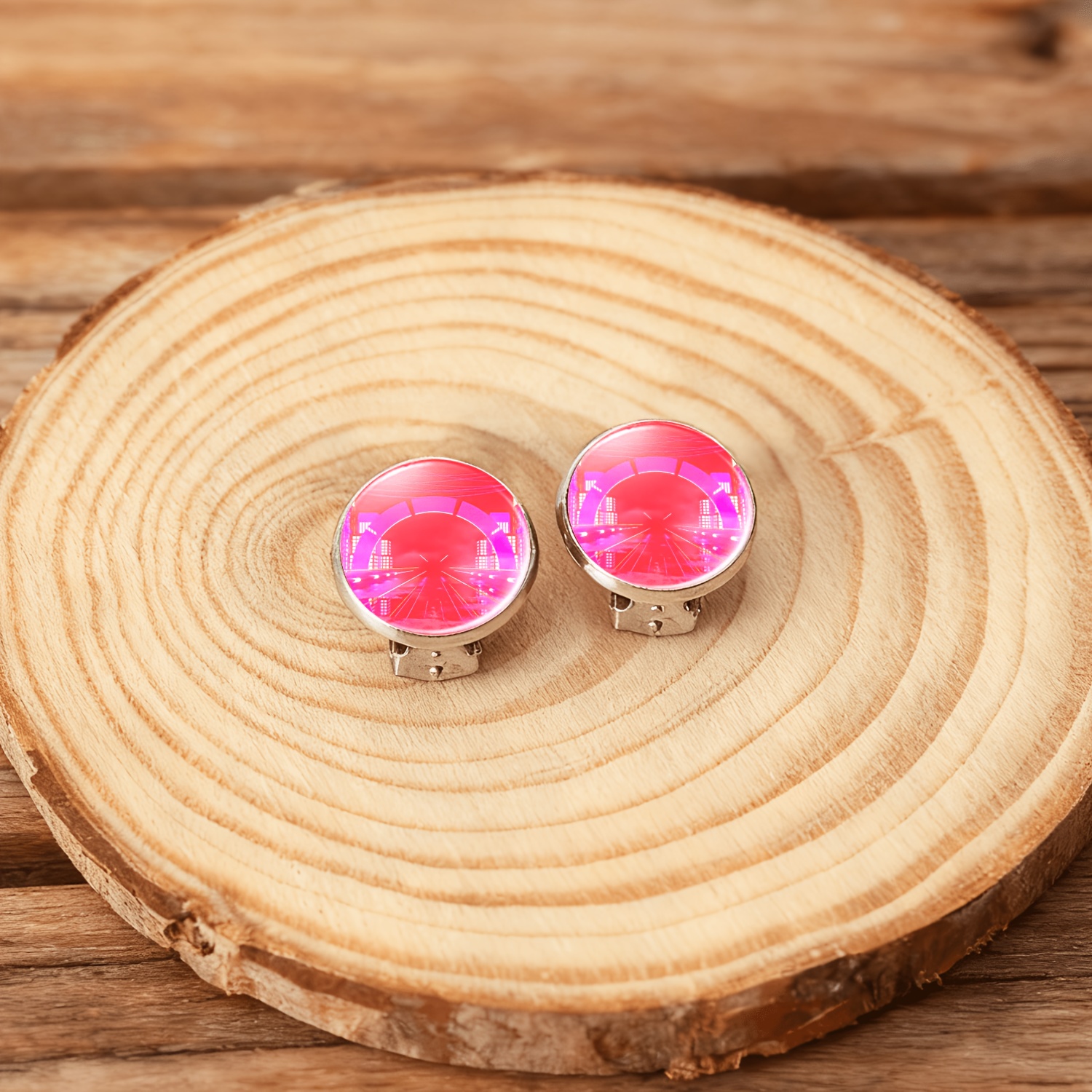 2pcs No-Piercing Round Glass Face Earrings Set, Neon Cityscape