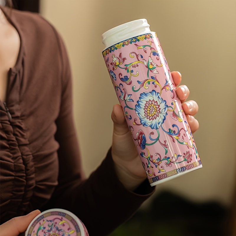1pc chinese style enamel ceramic insulated travel mug double walled reusable coffee tea cup with lid hand wash only round shape flower pattern multipurpose adult ideal for home and outdoor use 3