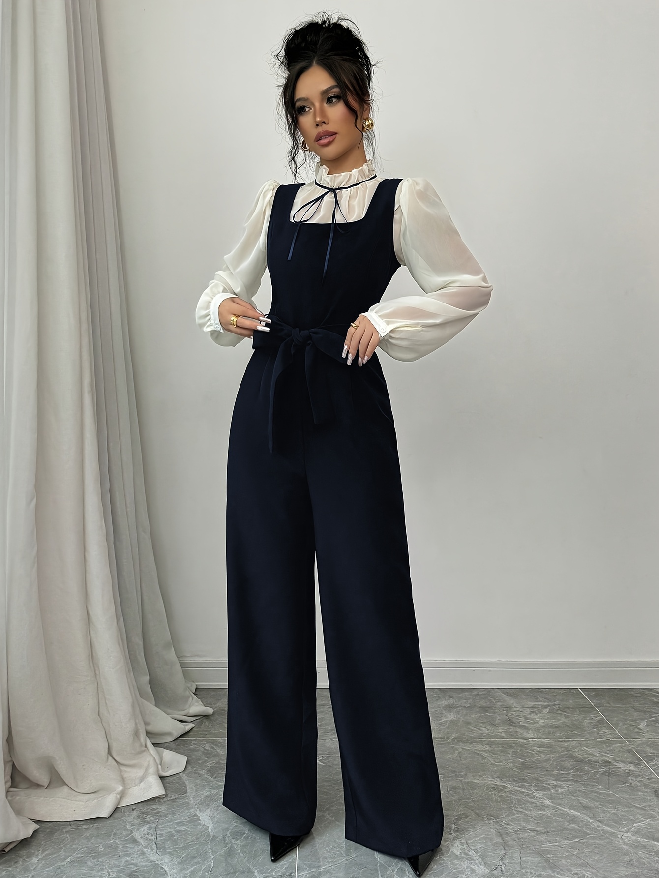 womens elegant color blocking shirt jumpsuit set Temu Portugal